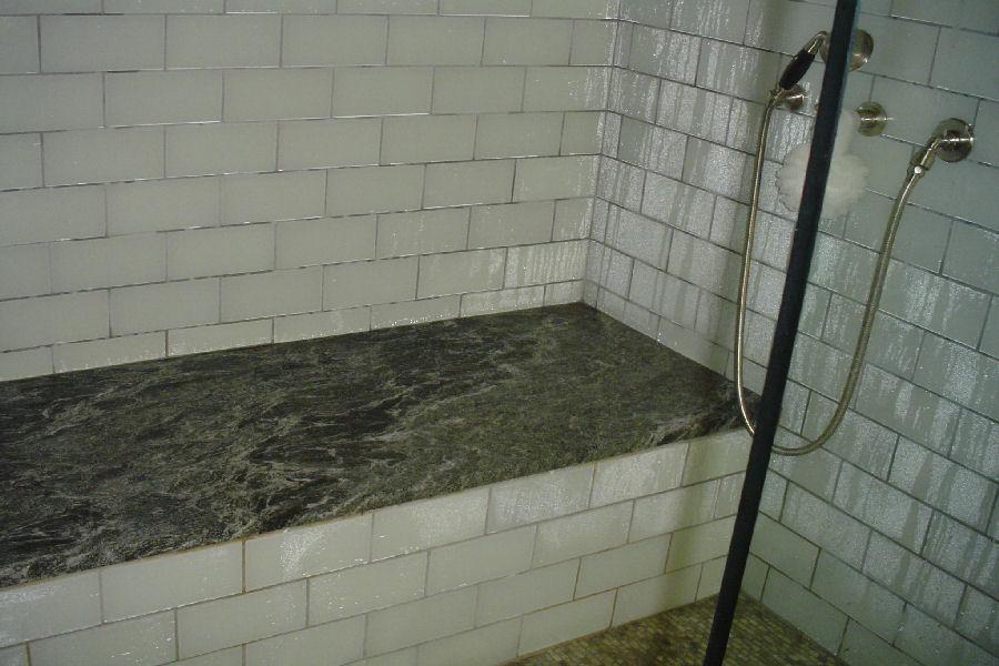 Mr Steam Steam Shower of Subway Tile and a Marble Bench