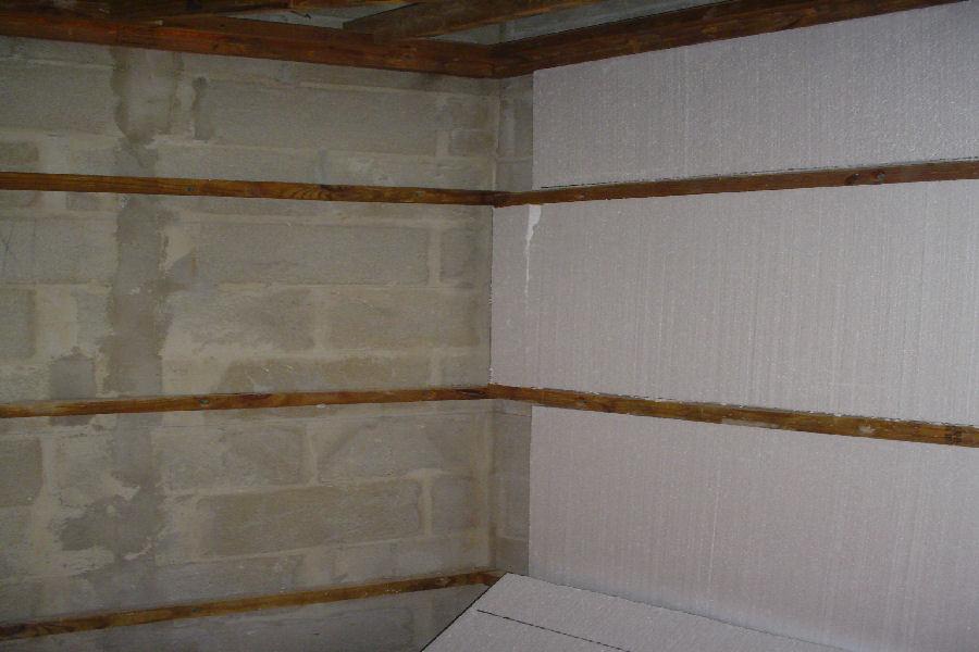 Sauna Install Showing Concrete Block Fur Strip and Insulation